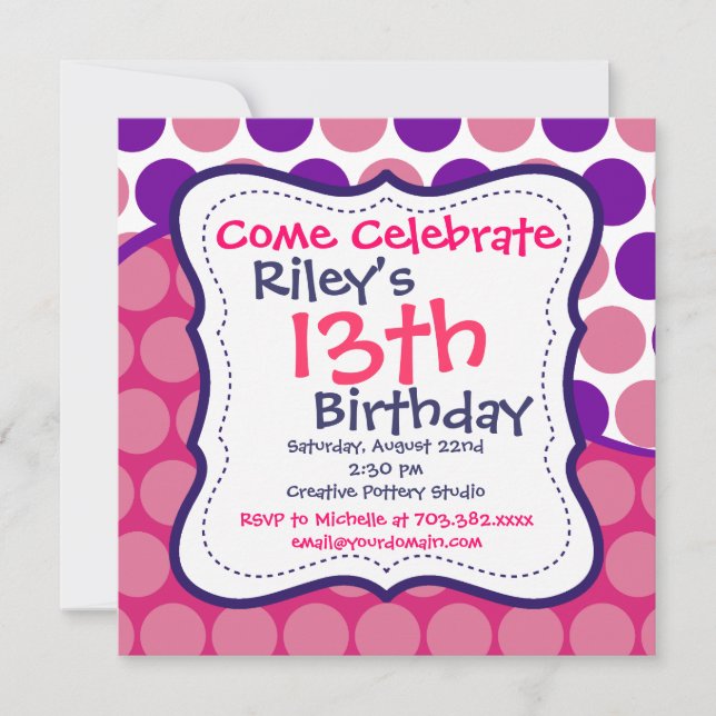 Pois rose violet Invitations de fête d'anniversair (Devant)
