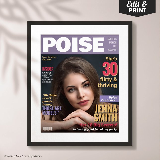 Poise Magazine Cover Template 30th Birthday Gift Poster (Custom Poise Magazine Cover Template, Thirty Flirty & Thriving 30th Birthday Poster Gift )