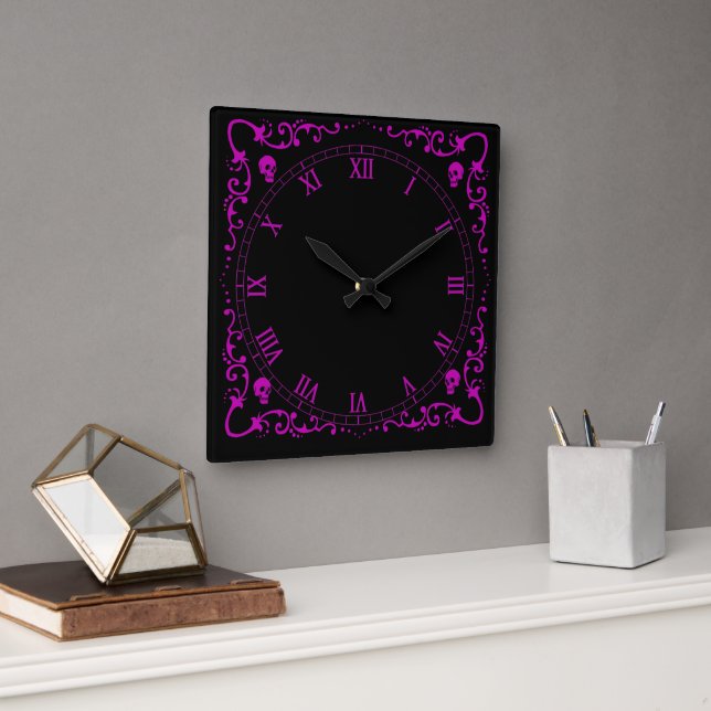 Poison Purple Halloween Magic Border with Skulls Square Wall Clock (Office)