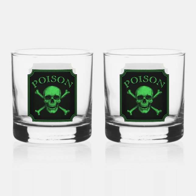 Poison Skull and Crossbones Halloween Design Print Whiskey Glass (Front)