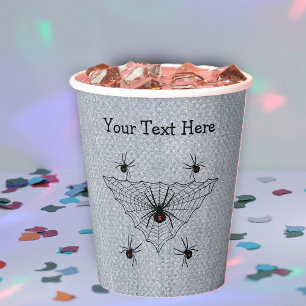 Poisonous Black Widow Spiders in Web on White Paper Cups