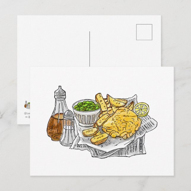 Poisson et chips sur une carte postale (Devant / Derrière)