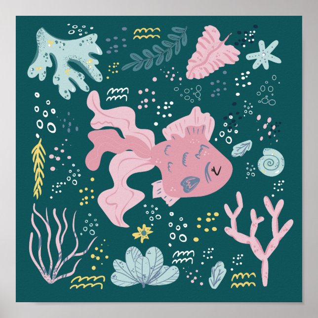 Poisson rose couché mou Poster sous-marin Doodé (Devant)