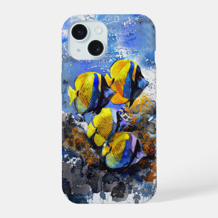 Poisson tropical sur un étui téléphonique bleu et