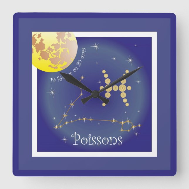 Poissons 19 février at 20 mars square wall clock (Front)
