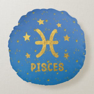 Poissons Coussin rond bleu et or Zodiac