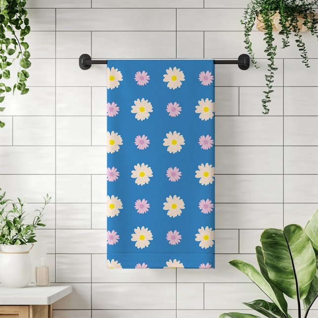 Poissons Rose Jaune Ditsy Flore Bandes B (Pink Yellow Daisies Flowers Pattern Stripes I Blue Bath Towel Set)