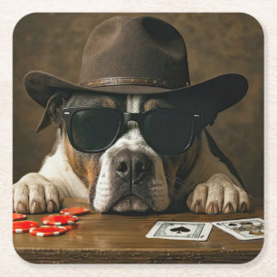 Poker Blackjack Western Pitbull Cute Square Paper Coaster