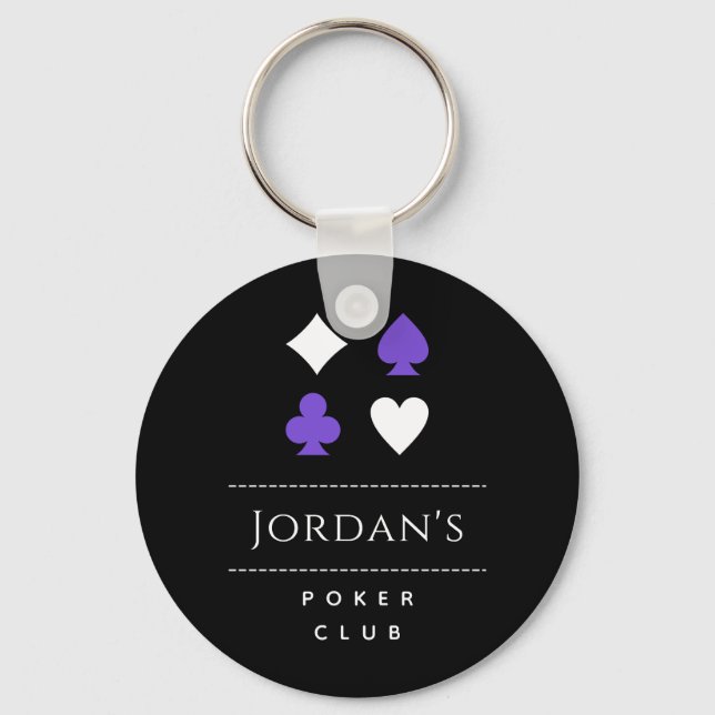 Poker Card Suit Symbols Black White Purple & Name Keychain (Front)