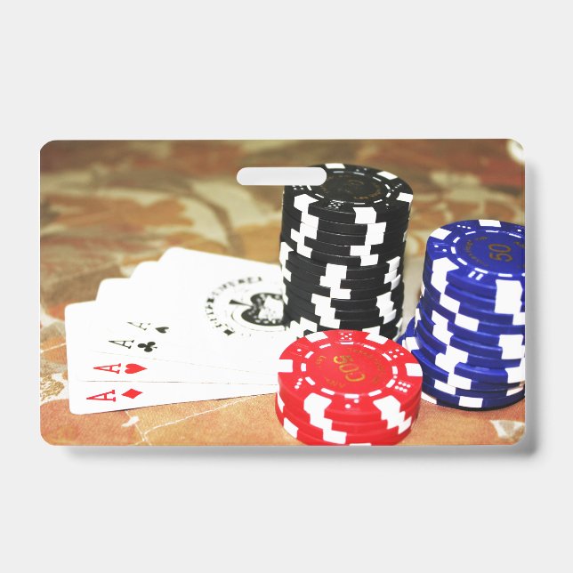 Poker Cards Aces Chips Gambling Casino Win Game Badge (Front)