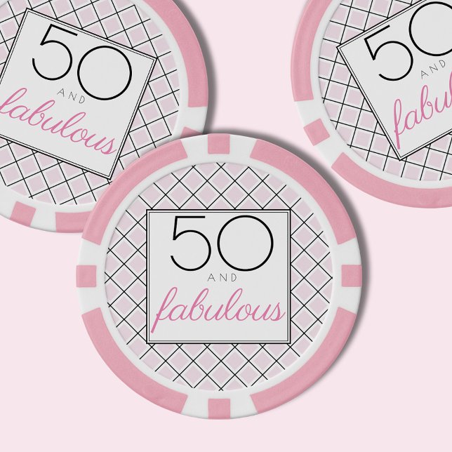 Poker Chip (50 and fabulous, blush pink checkered custom poker chips for 50th birthday party celebrations.)