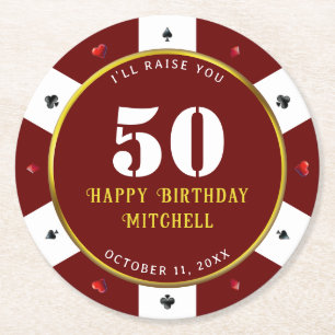 Poker Chip 50th Birthday Party Red Round Paper Coaster