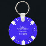 Poker Chip Casino Themed Wedding Favour Keychain<br><div class="desc">Las Vegas casino gambling themed wedding groomsman key chain gift done in a blue and white poker chip look.  Personalize all the text fields  to suit your  wedding needs.  Matching products are available.</div>