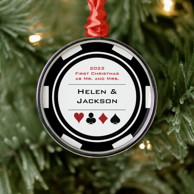 Poker Chip First Christmas Mr & Mrs Black White Metal Ornament (Tree)