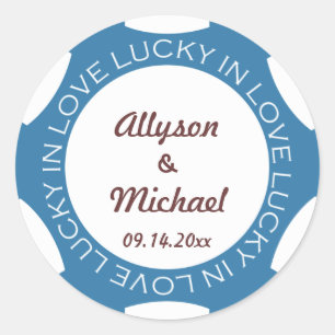 Poker chip lucky in love wedding favour label blue