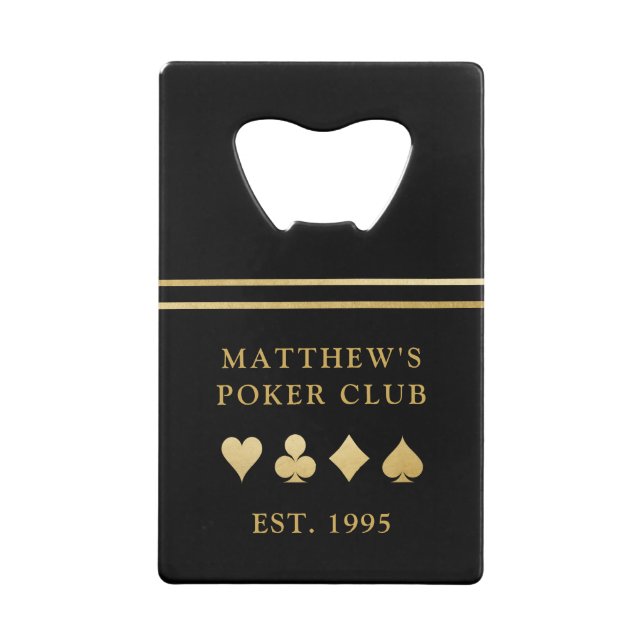 Poker Club Name with Gold Card Suits Credit Card Bottle Opener (Back)
