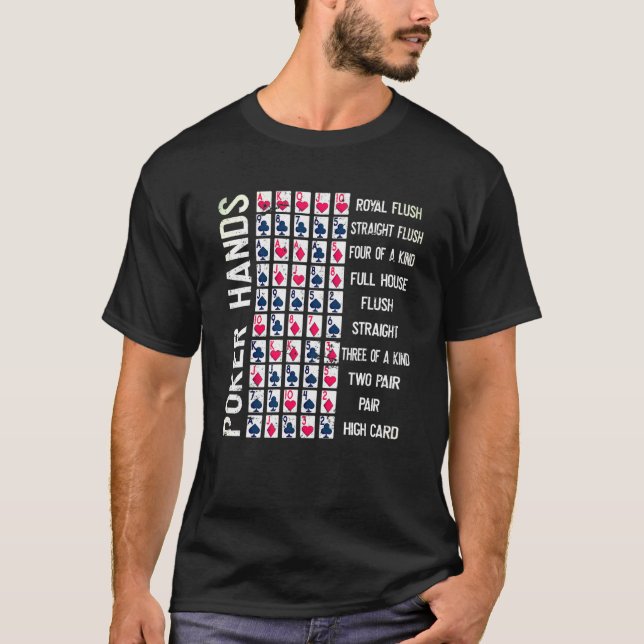 Poker Hands Cheat Sheet Card Casino Games Player T-Shirt (Front)