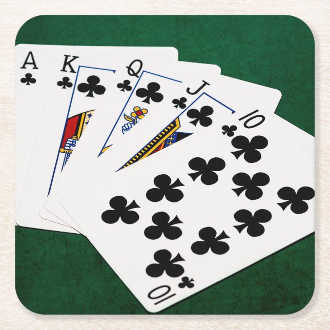 Poker Hands - Royal Flush - Clubs Suit Square Paper Coaster (Front)