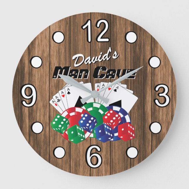 Poker Night at the Man Cave on Wood Large Clock (Front)