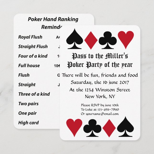 Poker Party Invitation With Hand Ranking Reminder (Front/Back)