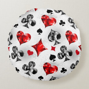 Poker Player Gambler Playing Card Suits Las Vegas Round Pillow