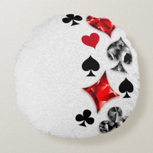 Poker Player Gambler Playing Card Suits Las Vegas Round Pillow