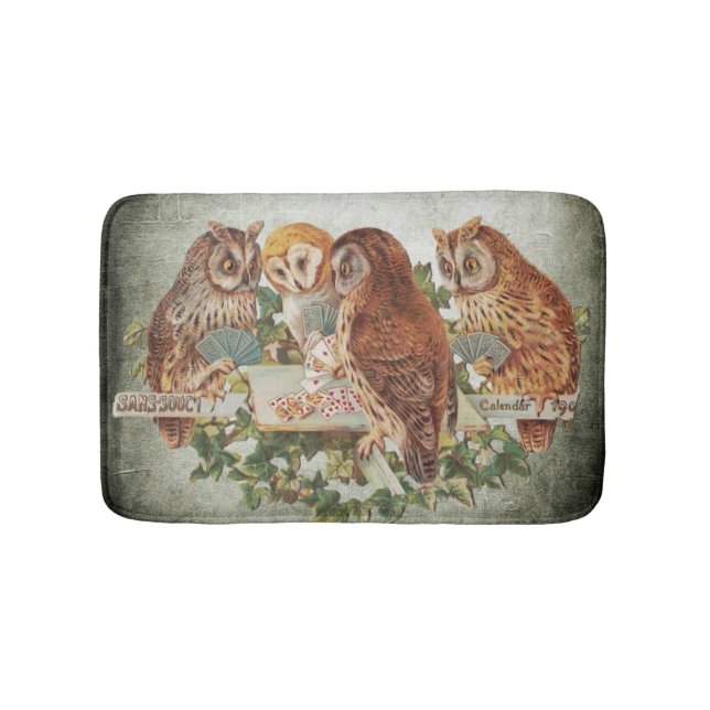 Poker Playing Owls Vintage Illustration Bath Mat (Front)