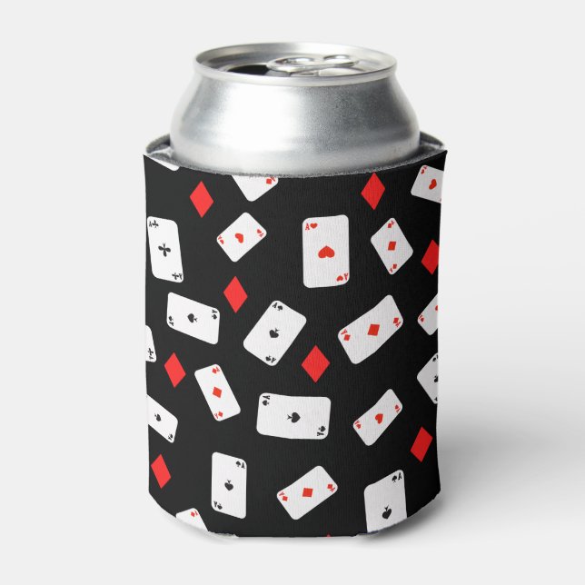 Poker Themed Playing Cards and Red Diamond Pattern Can Cooler (Can Front)