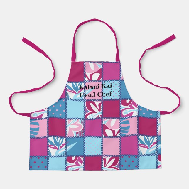 Pokii Hawaiian Floral and Dot Patchwork Pink Apron (Front)