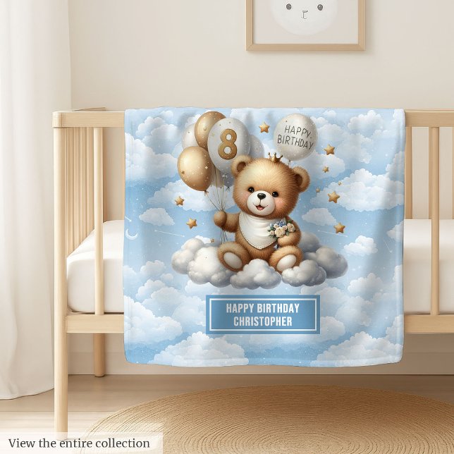 Polaire Aquarelle couverture de 8e anniversaire avec ours  (Watercolor 8th birthday blanket with teddy bear)