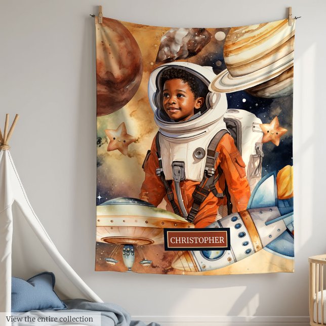 Polaire Astronaute de peau foncée Couverture de garçon Aqu (Dark Skin Astronaut Boy Blanket Watercolor Galaxy)