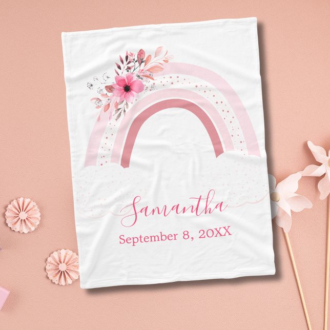 Polaire Boho Arc-en-ciel rose fleurs florales Couverture b (Pink Boho Rainbow with Flowers Baby Shower Gift for New born baby girl Baby Blanket)