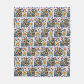 Polaire Chat tigré et couverture de fleurs 