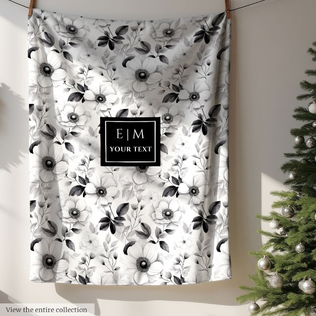 Polaire Chic couverture florale monochrome avec nom person (Chic black and white floral blanket with monogram)