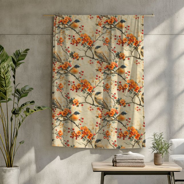Polaire Couverture automnale rustique avec oiseaux et flor (Rustic Fall Blanket with Birds and Blooming Floral)