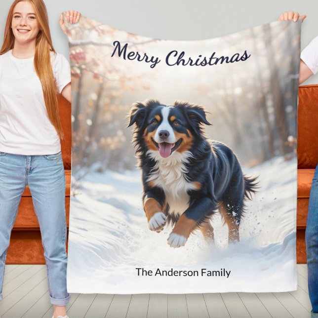 Polaire Couverture de Noël personnalisée pour Chien de Mon (A personalized Christmas blanket with watercolor-style picture of a Bernese mountain dog in snow)