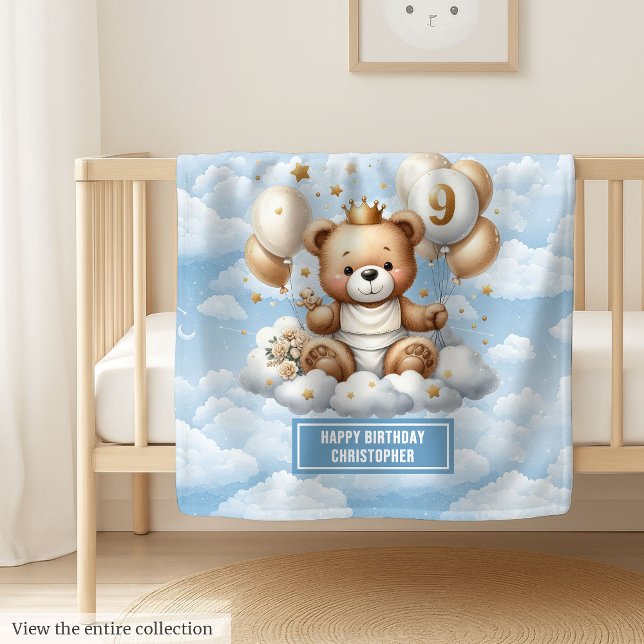 Polaire couverture en peluche bleu or personnalisé 9e anni (Blue gold teddy blanket personalized 9th birthday)