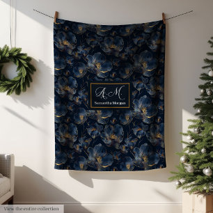 Polaire Couverture Navy Personnalisée Chic Fleurs Dorées C