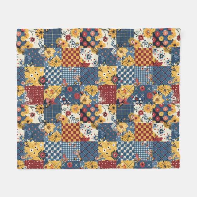 Polaire Couverture Patchwork Gingham Floral Bleu Jaune Rou (Devant (Horizontal))