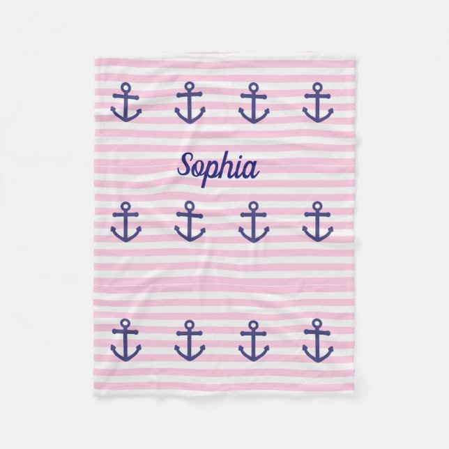 Polaire Couverture rose avec ancres nautiques, monogramme (Devant)