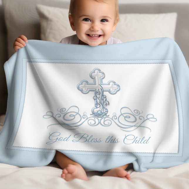 Polaire Croix Bleue Bébé Garçon Baptême couverture (Blue cross christening & baptism baby blanket. Add your text to personalize, or download as is.)