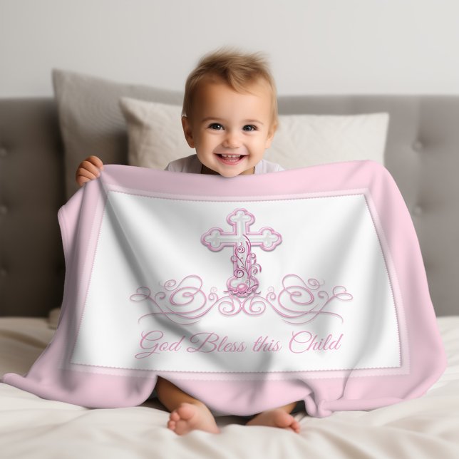 Polaire Croix rose Bébé fille Baptême couverture (Pink cross christening and baptism baby blanket. Personalize with your text or leave as is.)