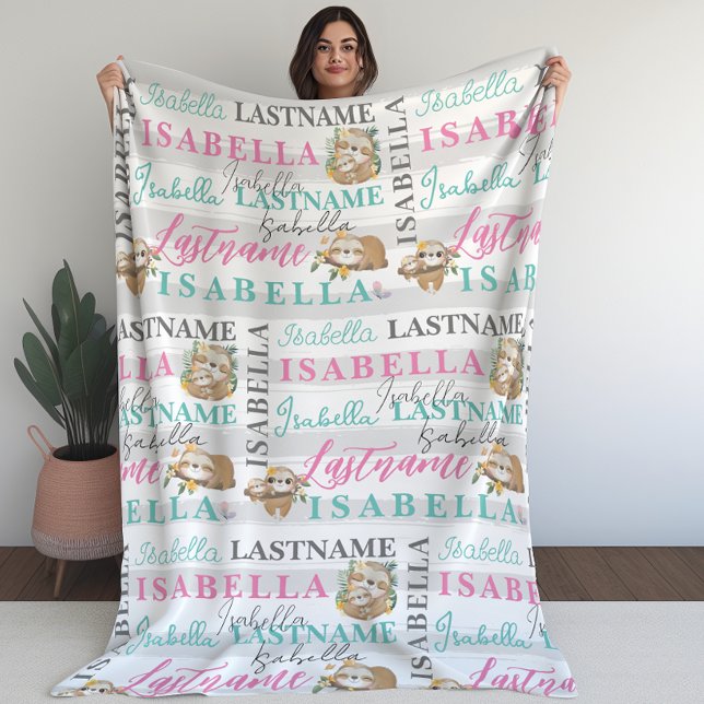 Polaire Jolie couverture de fentes avec nom avec bandes (Pretty Sloth Blanket With Name with Stripes)