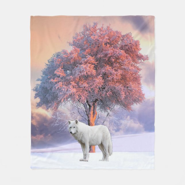 Polaire Loup blanc en hiver | Couverture rose (Devant)