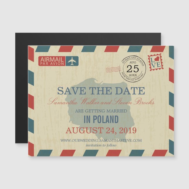 POLAND Antique Airmail Save the Date Magnetic Invitation (Front/Back)