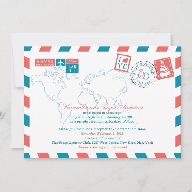 POLAND Coral and Teal Airmail Post Wedding Invitation (Front)