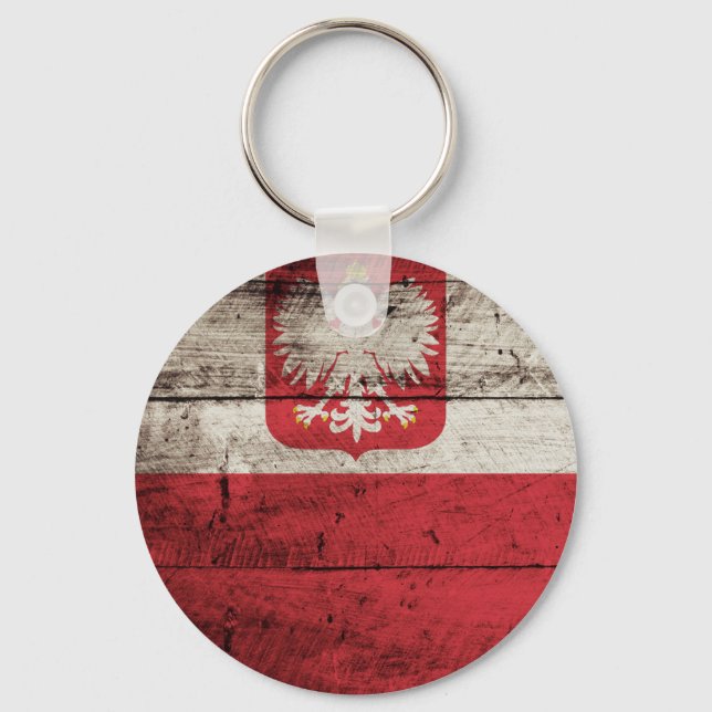 Poland Flag on Old Wood Grain Keychain (Front)