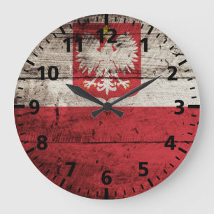 Poland Flag on Old Wood Grain Large Clock