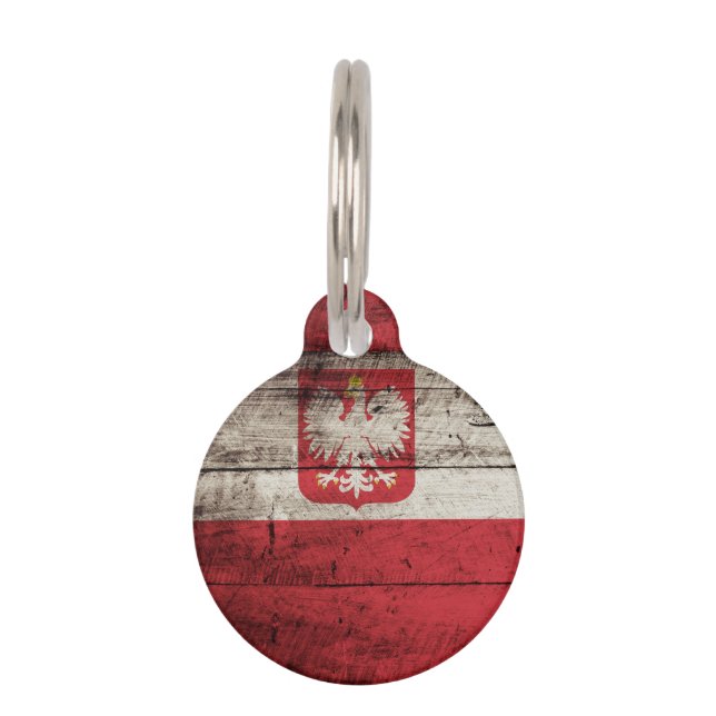 Poland Flag on Old Wood Grain Pet Tag (Back)