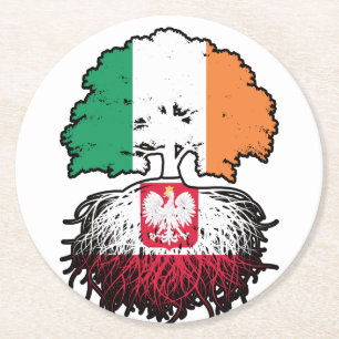 Poland Polish Irish Ireland Tree Roots Flag Round Paper Coaster
